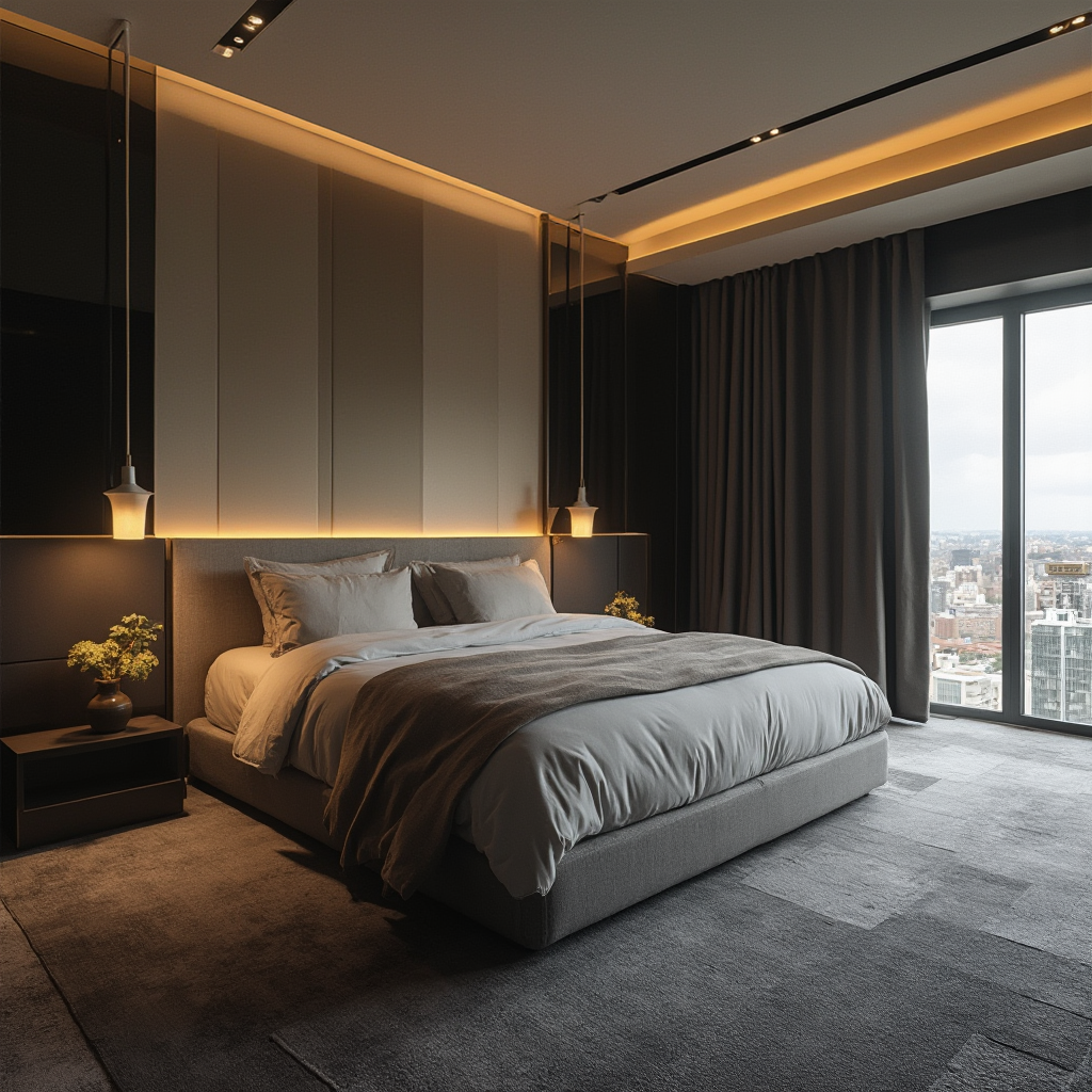 modernistyczna sypialnia z grafitową wykładziną dywanową i złotymi detalami w oświetleniu