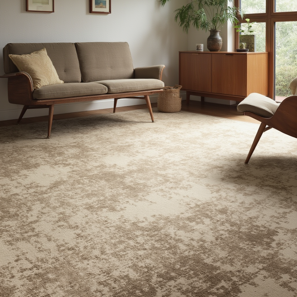 abstrakcyjny wzór wykładziny w odcieniach taupe i mlecznej kawy, komponujący się z drewnianymi meblami w stylu mid-century
