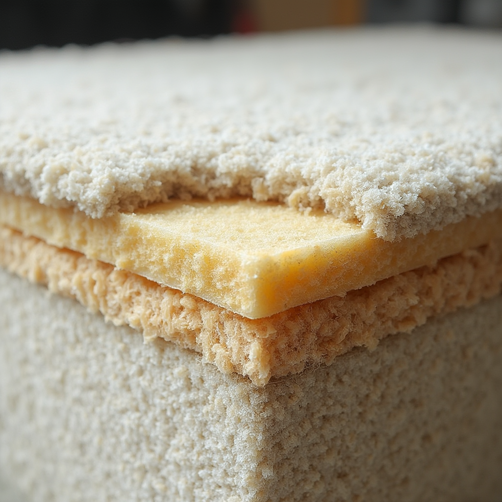 przekrój przez strukturę wykładziny dywanowej pokazujący warstwy izolacyjne i splot włókien