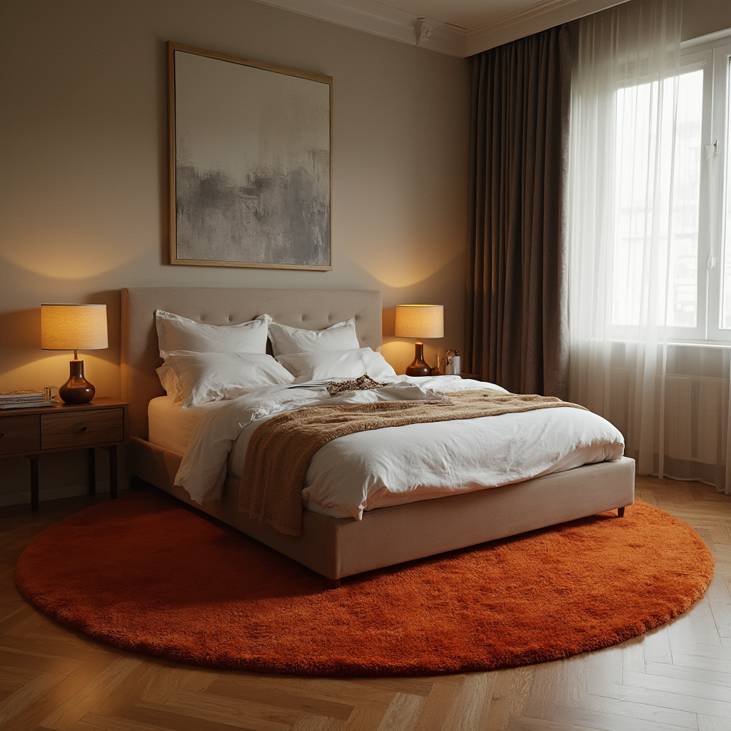 aranżacja sypialni z drewnianym parkietem i owalną wykładziną w kolorze rust pod łóżkiem