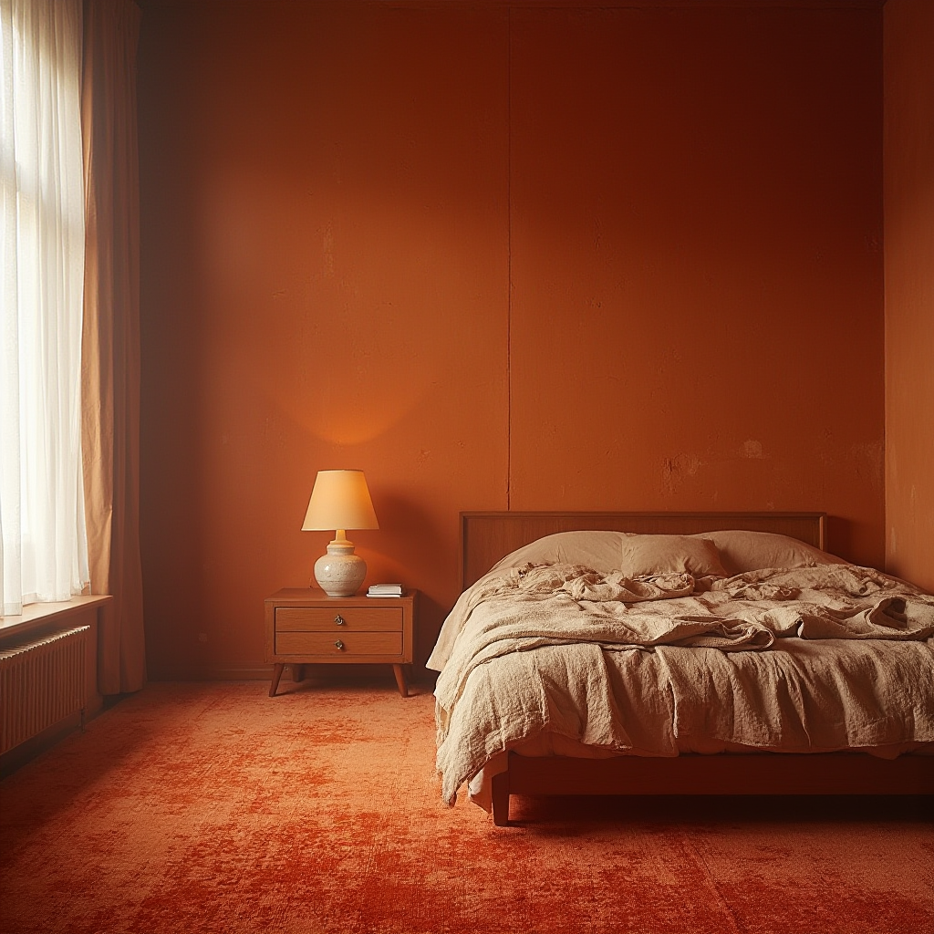 wykładzina dywanowa w intensywnym kolorze terakoty pokrywająca także fragment ściany za łóżkiem