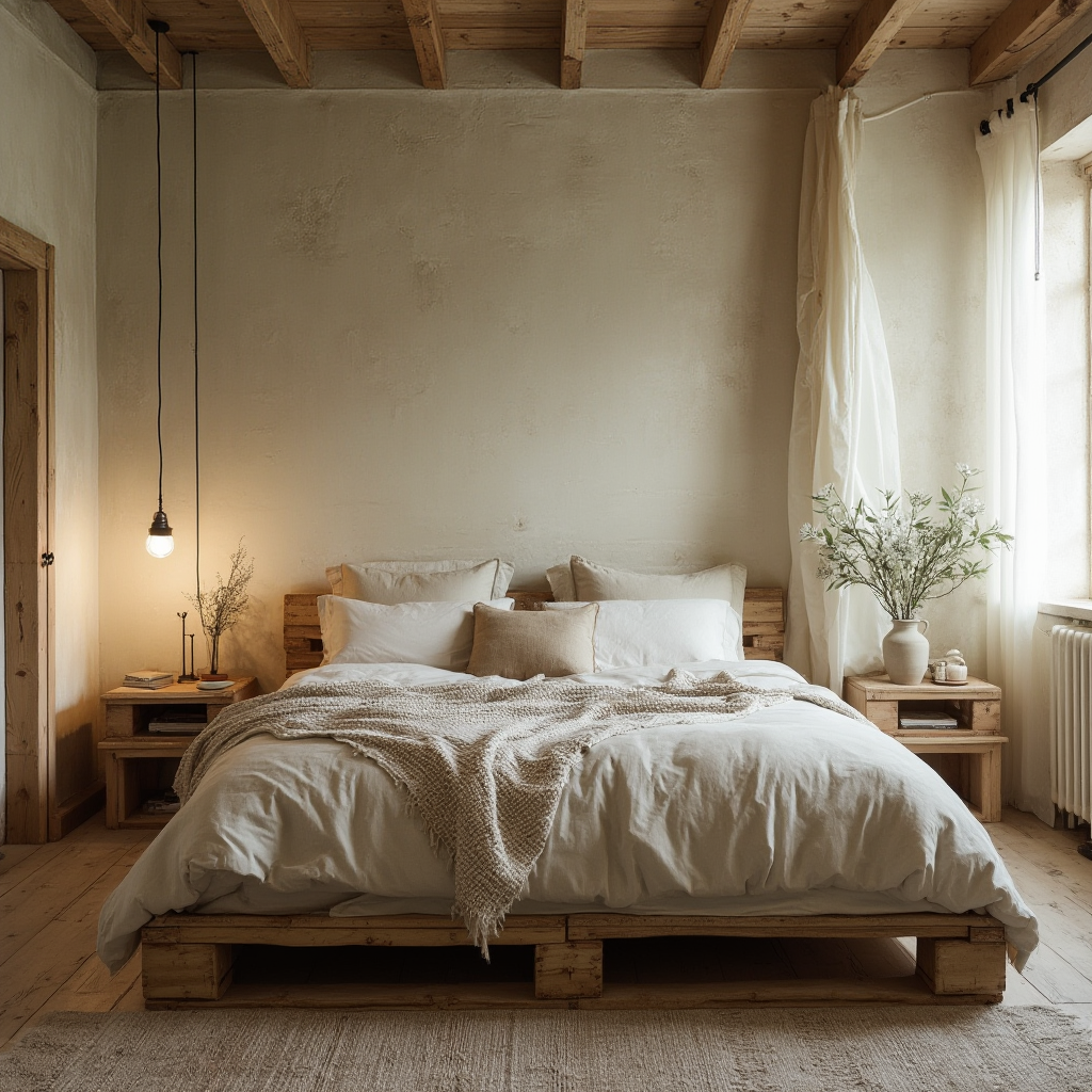 wykładzina z recyklingowanych włókien bawełnianych w kolorze khaki, ułożona w sypialni z meblami z palet