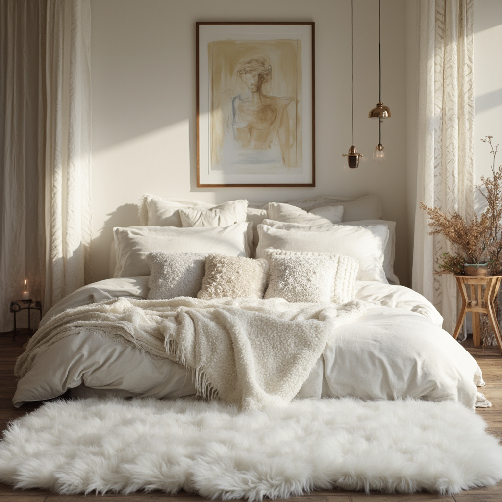 medytacyjna sypialnia w stylu hygge z białym futrzanym dywanem i mnóstwem poduszek