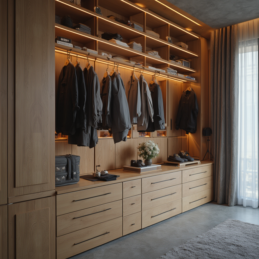 Szafa modułowa z elementami inteligentnego domu, ledowy pasek oświetleniowy w kolorze dostosowanym do pory dnia, wbudowana stacja ładowania USB, obrotowy wieszak na akcesoria sportowe