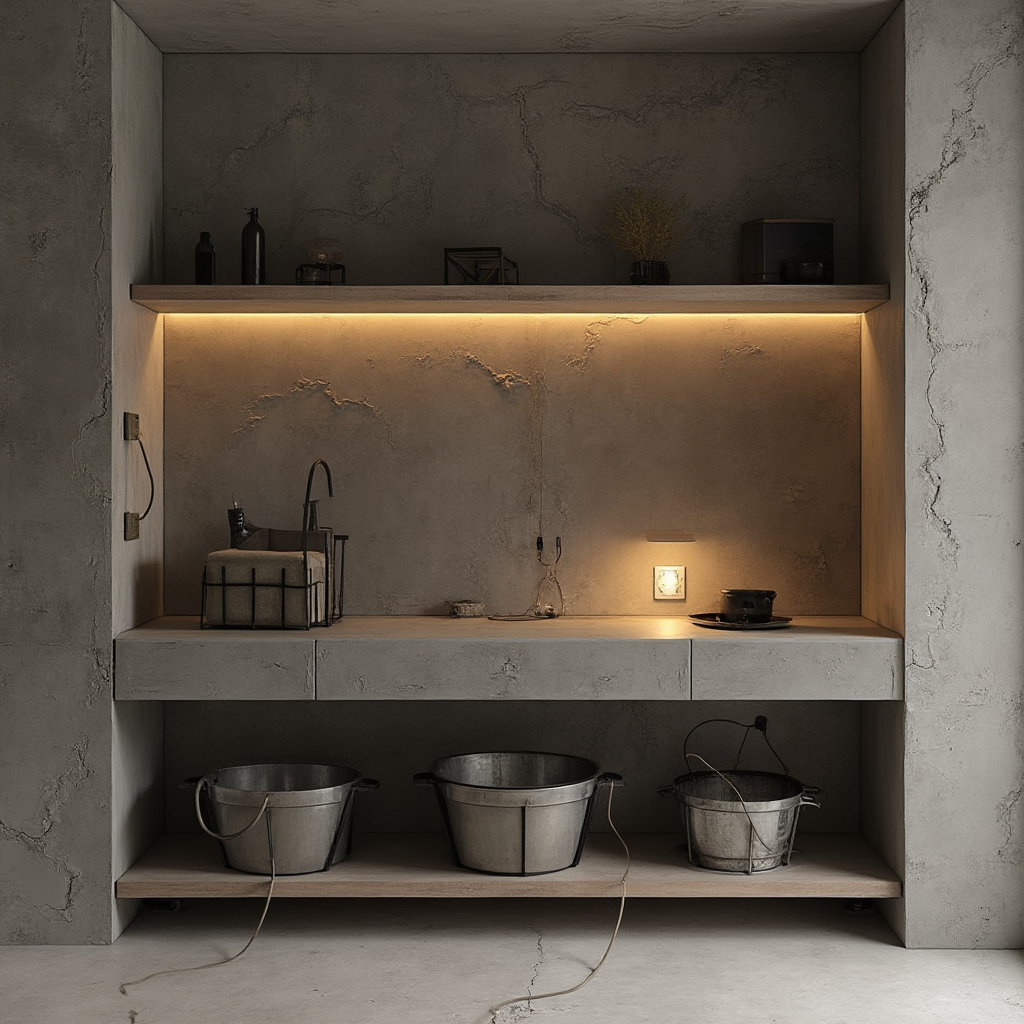 Głęboka wnęka zabudowana systemem nisz z okładziną z mikrocementu, wysuwane kosze metalowe na kółkach, podświetlane gniazdo do ładowania telefonu wbudowane w półkę