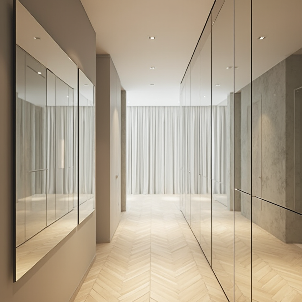 Minimalistyczna zabudowa w małym przedpokoju z wykorzystaniem przezroczystego akrylu i błyszczącej stali, lustrzany panel na całej szerokości ściany, podłoga z jasnego drewna układana w jodełkę