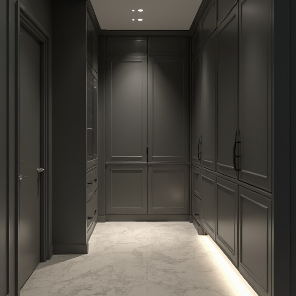 Przedpokój w odcieniach szarości z oświetleniem LED schowanym za listwą przypodłogową, błyszczące fronty szaf odbijające światło punktowych lamp, ściana z farbą magnetyczną w kolorze grafitu