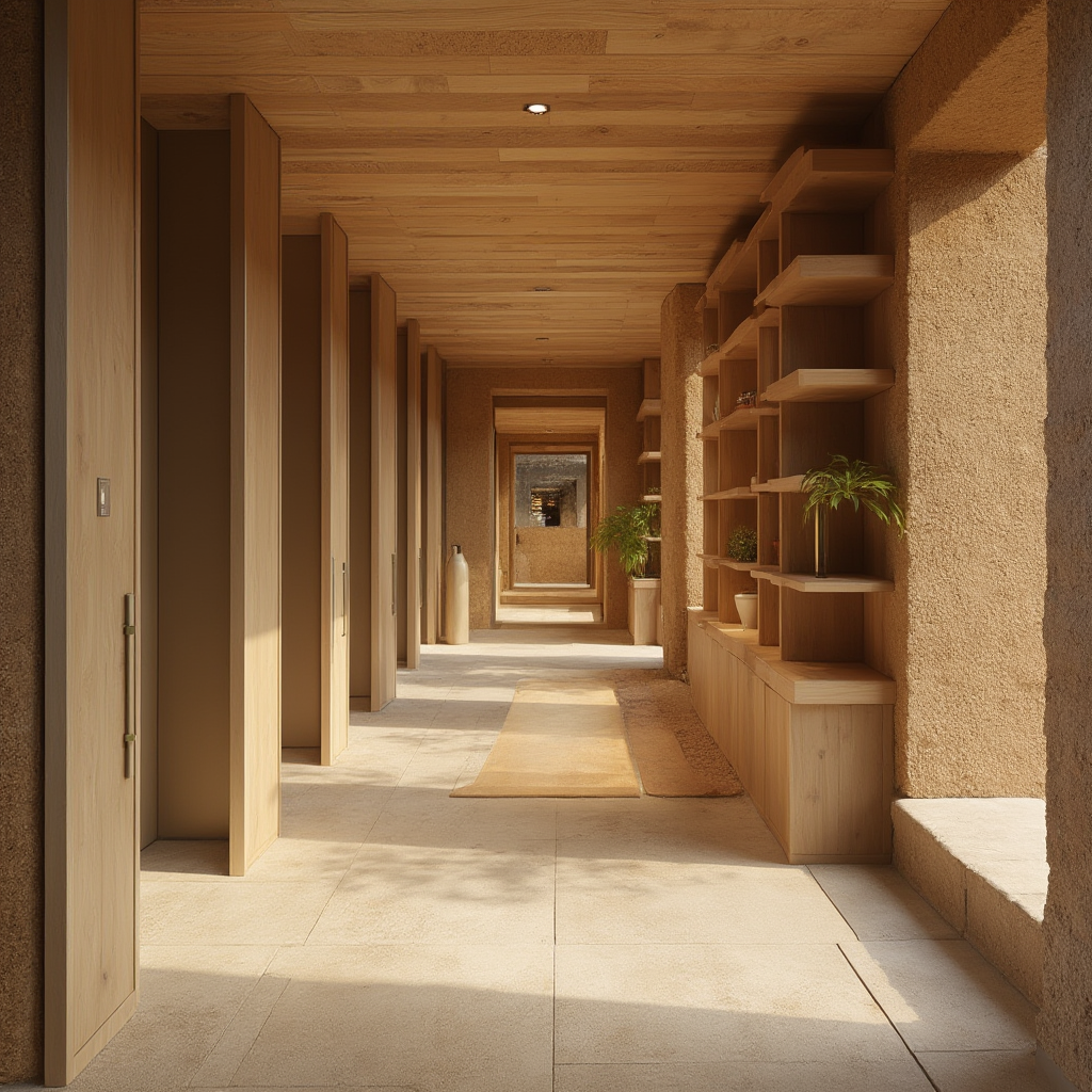 Ekologiczna zabudowa przedpokoju z frontami z przetworzonego plastiku w odcieniach ziemi, wbudowany system filtracji powietrza, półki z korka naturalnego, podłoga z recyklingowanego kauczuku